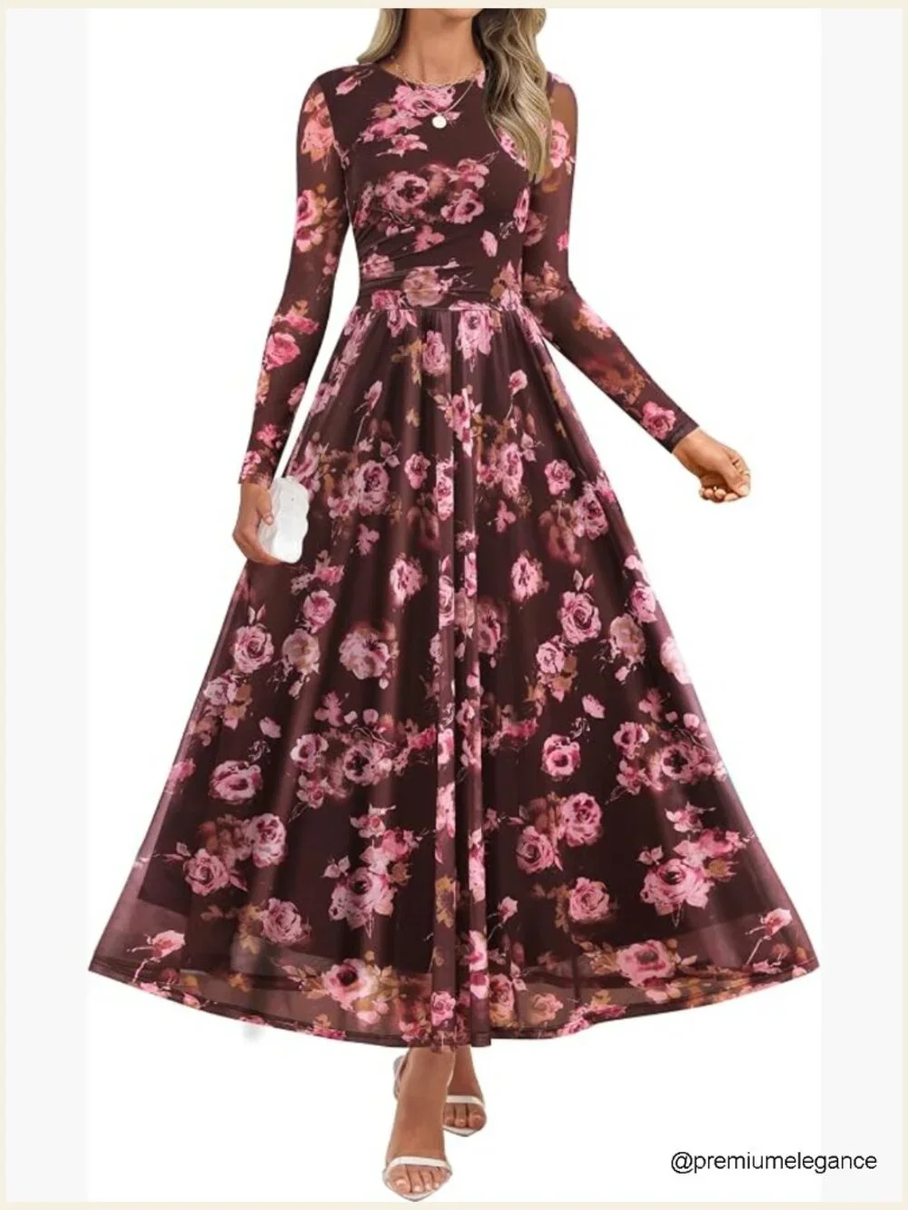 Long Sleeve Crewneck Floral Print Mesh Ruched Maxi Dress - Picture 1 of 7
